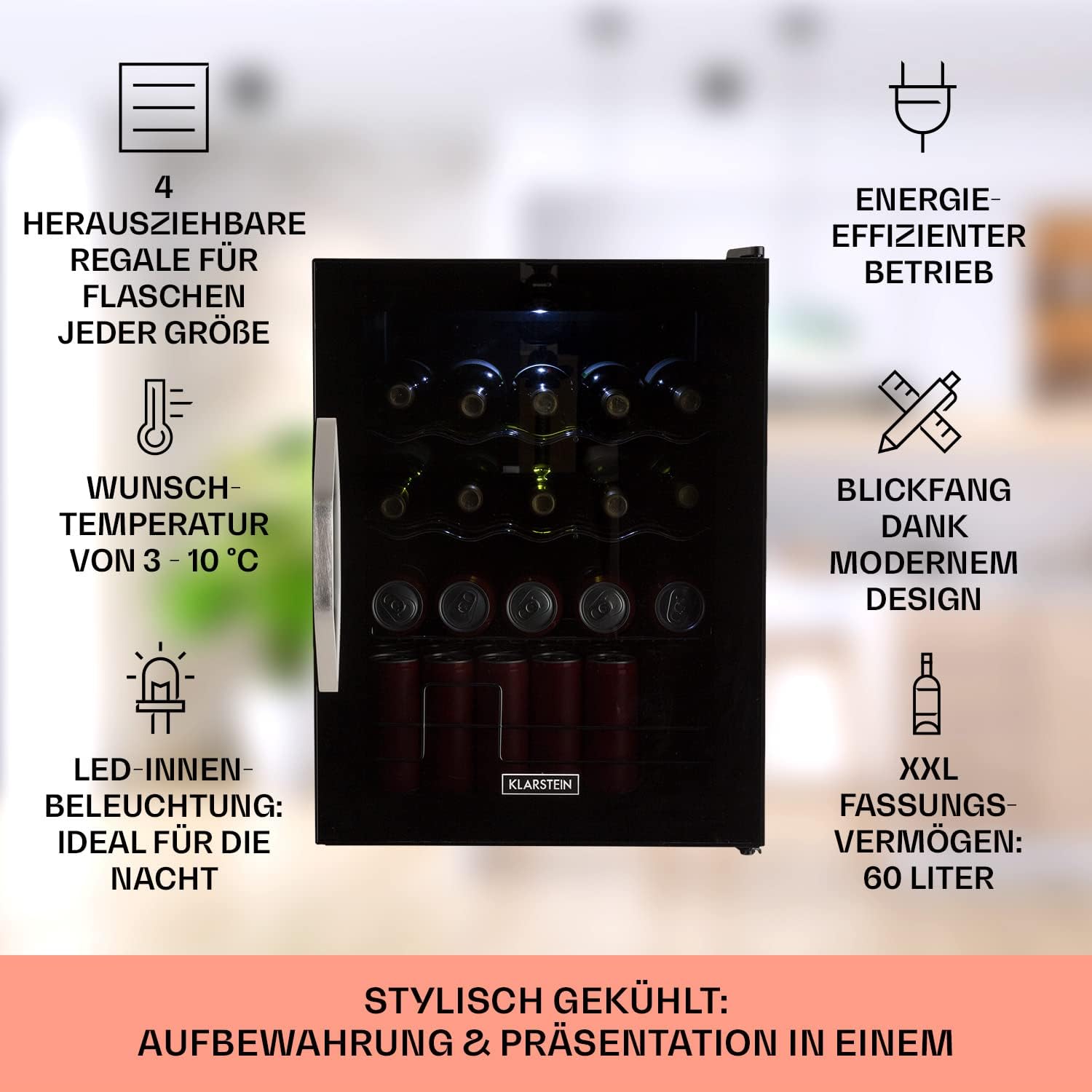 Klarstein Mini Kühlschrank mit Glastür für Zimmer, Getrnkekühlschrank mit Verstellbaren Ablagen, Kleiner 80 Liter, Indoor/Outdoor Kühlschrank Leise