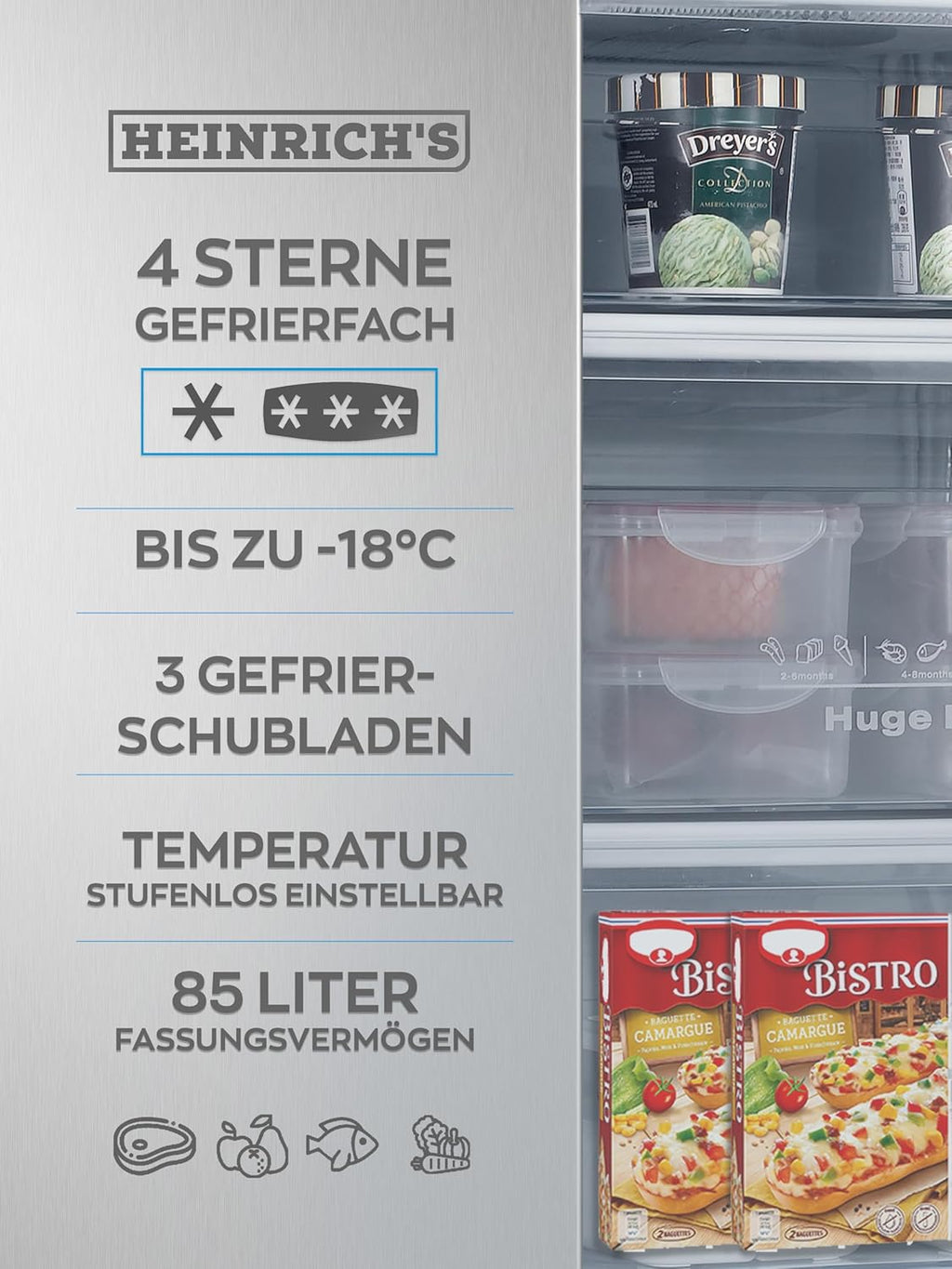 Heinrich´s Gefrierschrank 61Liter -18°C Freezer, 3x Gefrierschublade, 7 Stufen Temperaturregler, Airflow, wechselbarer Türanschlag weiß