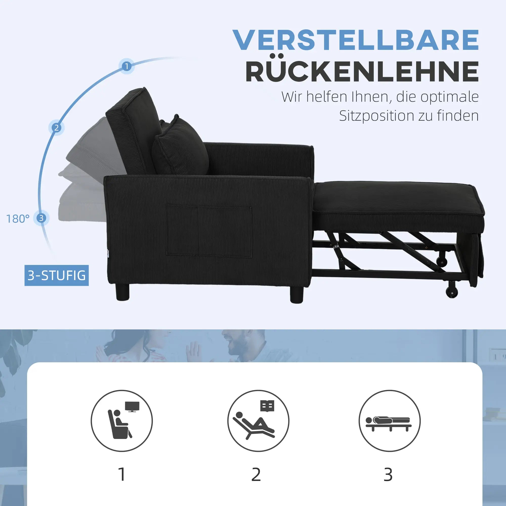 HOMCOM Schlafsessel Klappbett 3in1 verstellbar mit Rollen