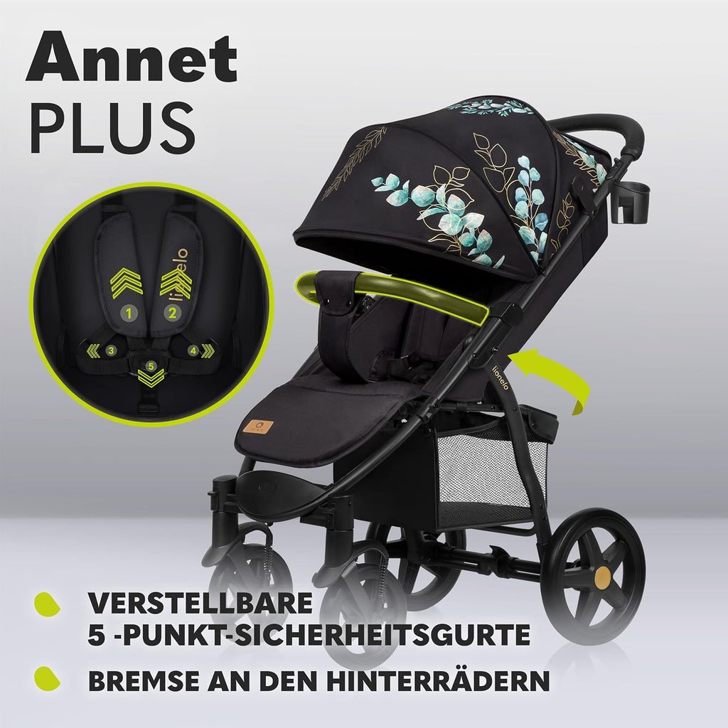 LIONELO Annet Plus Buggy bis 22 kg mit Liegefunktion, Kinderwagen klein zusammenklappbar mit Zubehör, Eva-Schaum-Räder, Moskitonetz, Fußdecke Getränkehalter, Korb