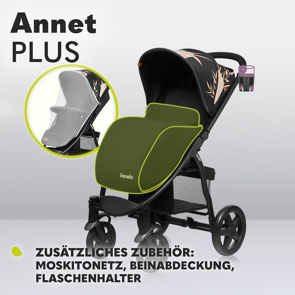 LIONELO Annet Plus Buggy bis 22 kg mit Liegefunktion, Kinderwagen klein zusammenklappbar mit Zubehör, Eva-Schaum-Räder, Moskitonetz, Fußdecke Getränkehalter, Korb