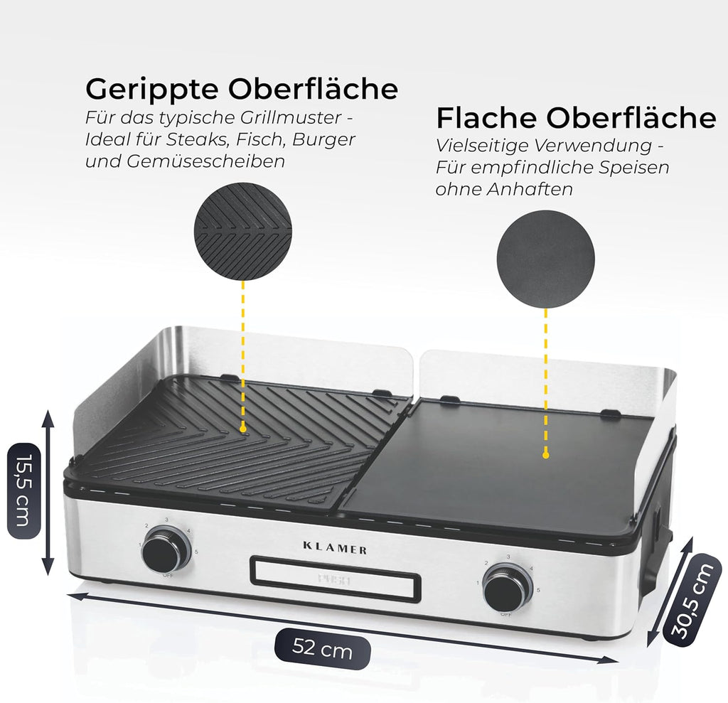 KLAMER Elektrogrill, antihaftbeschichtete und abnehmbare Duo-Platten, separate Temperatureinstellung, 5 Grillstufen, mit Wind-/ Spritzschutz & Auffangschale
