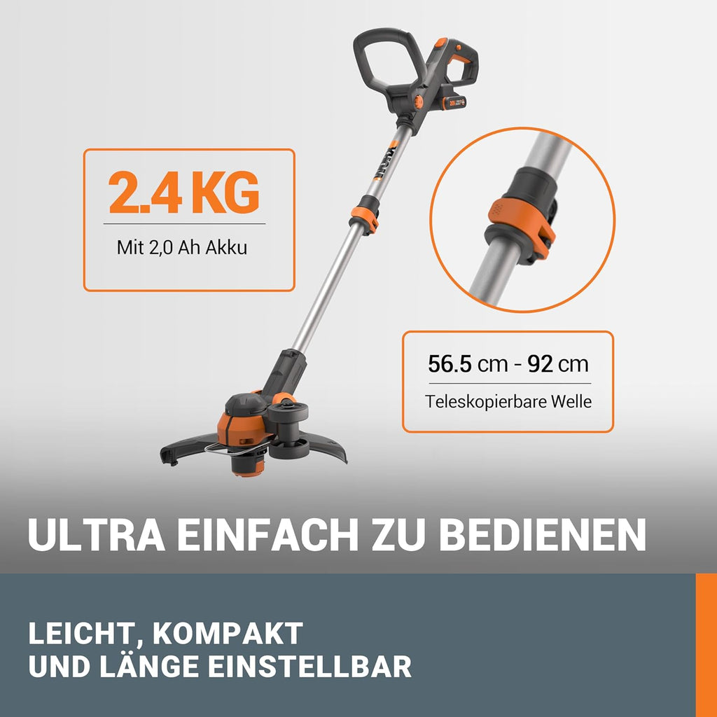 WORX 18V(20V MAX) Akku Rasentrimmer WG163E.3, 2-in-1 rasenkantenschneider mit 90° drehbarer Trimmerkopf, Teleskopstiel, Powershare, 2 x 2,0 Ah Akku