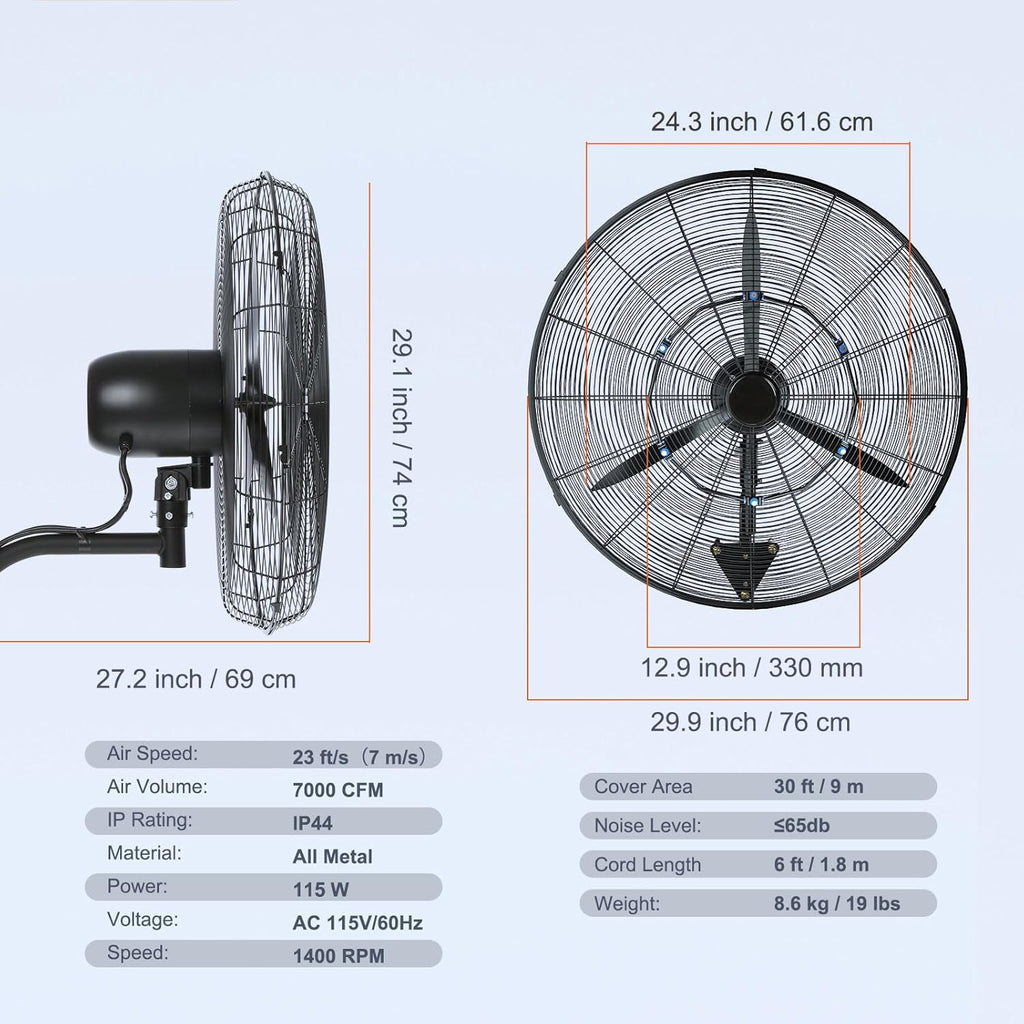 VEVOR Nebelventilator, 61,6 cm oszillierender, wasserdichter Ventilator, 3 Geschwindigkeiten, 7000 CFM, gewerblicher oder privater Ventilator zur Kühlung von Lagerhäusern, Gewächshäusern, Werkstätten