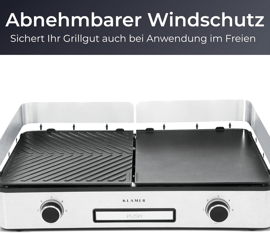 KLAMER Elektrogrill, antihaftbeschichtete und abnehmbare Duo-Platten, separate Temperatureinstellung, 5 Grillstufen, mit Wind-/ Spritzschutz & Auffangschale