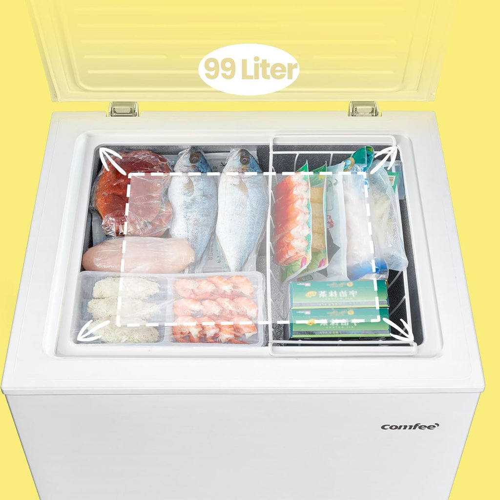 Comfee RCC100WH2(E) Gefriertruhe/169 kWh/Jahr/85cm hoch/99L/38dB/Geringe Lautstärke/Hoch effizientesD-förmigesRohr/Geeignet für verschiedene Einsatzszenarien/Einstellbarer Temperaturregler/Weiß