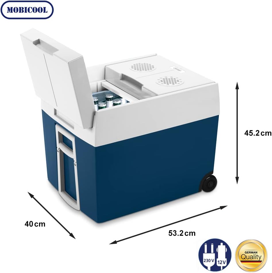 Mobicool MT48W AC/DC - elektrische Kühlbox mit Rollen passend für eine komplette Getrnkekiste / Bierkiste, 48 Liter, 12 V und 230 V für Auto, Lkw, Boot, Reisemobil und Steckdose, Blau