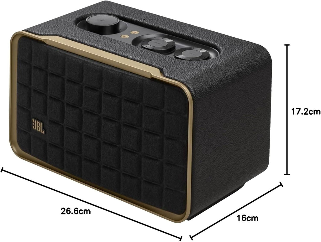 JBL Authentics 200 Smart Home Lautsprecher – 70er Jahre Retro-Design Bluetooth Box – Mit Quadrex Grill, Google Assistant, Alexa, AirPlay und JBL One App – Schwarz