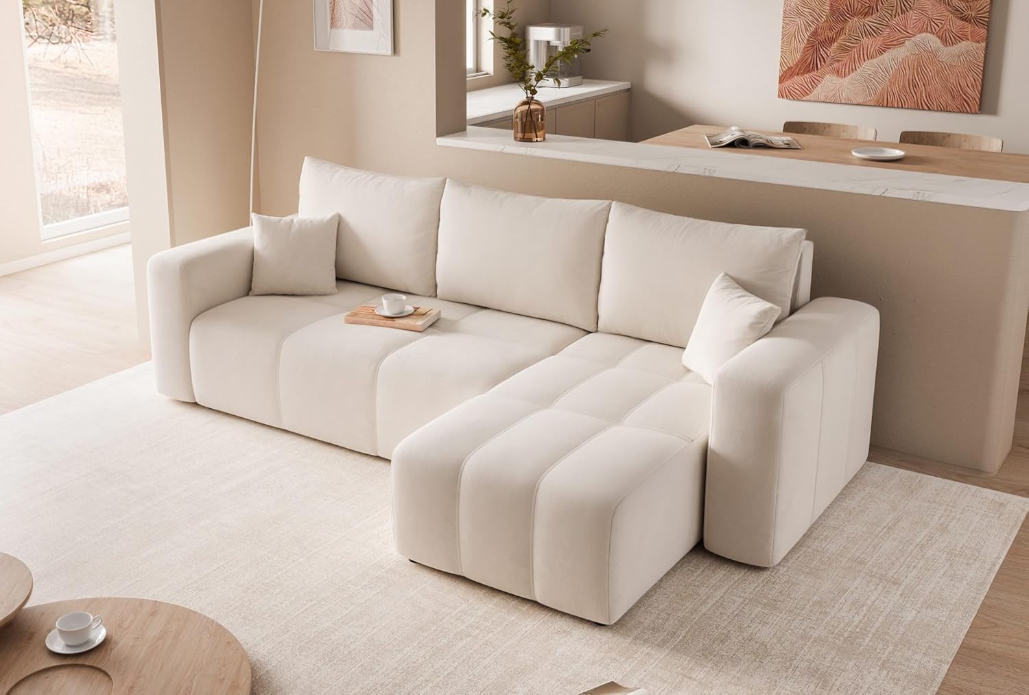 Canapé d'angle Convertible 145x248 à Gauche ou à Droite - Canapé 3 Places Convertible Beige avec Espace de Rangement