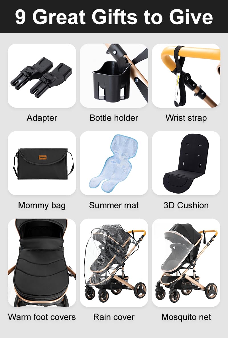 YAZOCO kinderwagen 3 in 1 Buggy Babybett Komplett Set Einem Klick Zusammenklappbarer Kinderwagen, KombiKinderwagen Aluminiumrahmen für Neugeborene Sitzzubehör (1 schwarz)