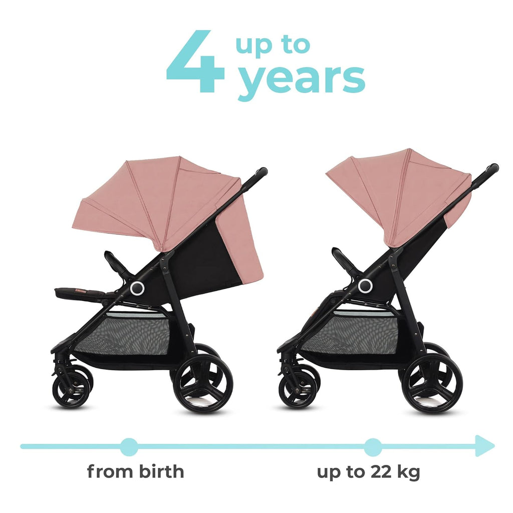 Kinderkraft GRANDE PLUS Kinderkraft buggy von Geburt bis 22 kg, Zusammenklappen mit einer Hand, Liegeposition, großes Verdeck mit Fenster, alle 4 Räder gedämpft, geräumige Sitz, Grau