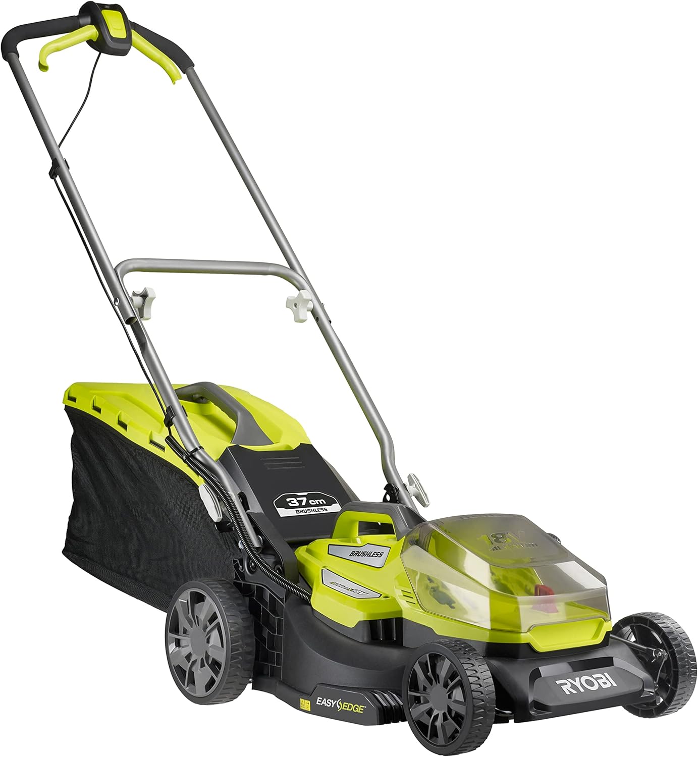 RYOBI 18 V ONE+ Akku-Rasenmäher RLM18X33B40 (Schnittbreite 33 cm, 5-fache Höhenverstellung 25-65 mm, zusammenklappbares Griffgestänge, inkl. Mulchkeil, 35l Grasfangsack, 4,0Ah Akku & Ladegerät)