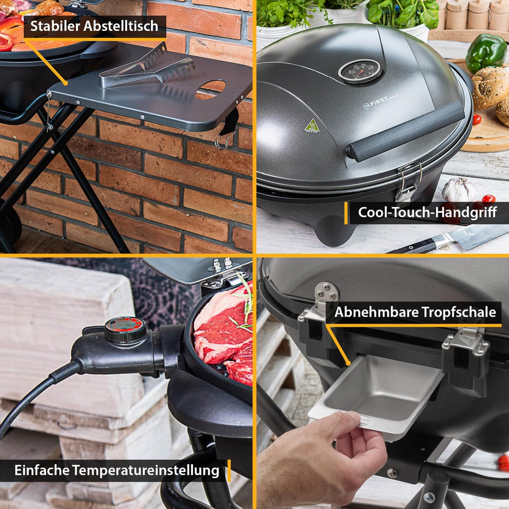 TZS First Austria 2in1 Elektrogrill – extrem stabiler & klappbarer Elektrogrill für Balkon – abnehmbarer 2400 Watt Standgrill mit Deckel, Standfuß & Rädern, Kunststoff/Metall – inkl. Temperaturregler