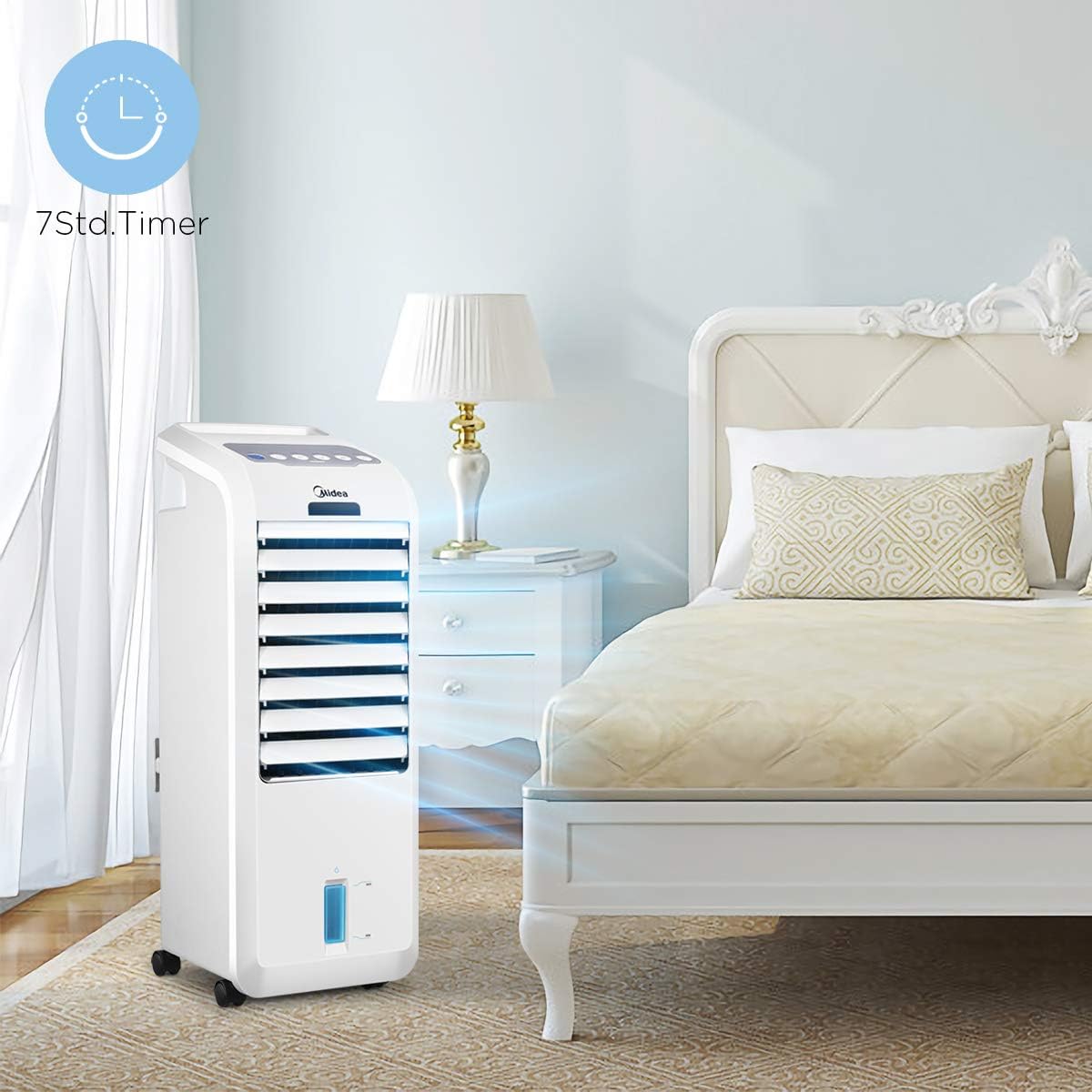 Midea Luftkühler mit Wasserkühlung, Klimaanlage Mobil, Ventilator mit 5L Wasserkühlung, Luftbefeuchter und Ionisation, Klimaanlage Ohne Abluftschlauch, 355m³/h, Ventilator mit Fernbedienung,55W,Weiß