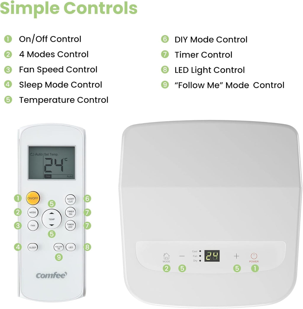 Comfee Mobiles Klimagerät Breezy Cool Pro 2.6,9000 BTU 2,6kW, Kühlen&Ventilieren&Entfeuchten,APP-Steuerung,Raumgröße bis 88m³(33㎡),Mobile Klimaanlage mit Abluftschlauch