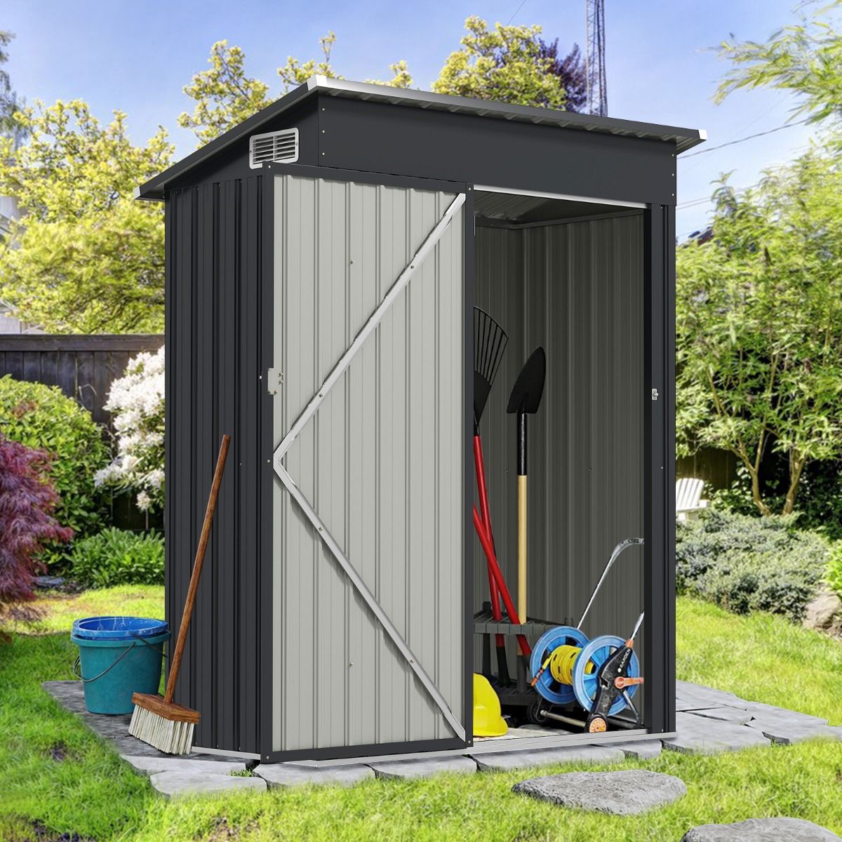 Abri de Rangement Toutes Saisons Abri à Outils Utilitaire avec Toit en Pente Porte Ouvrante Aérations Cadre en Métal Galvanisé Gris