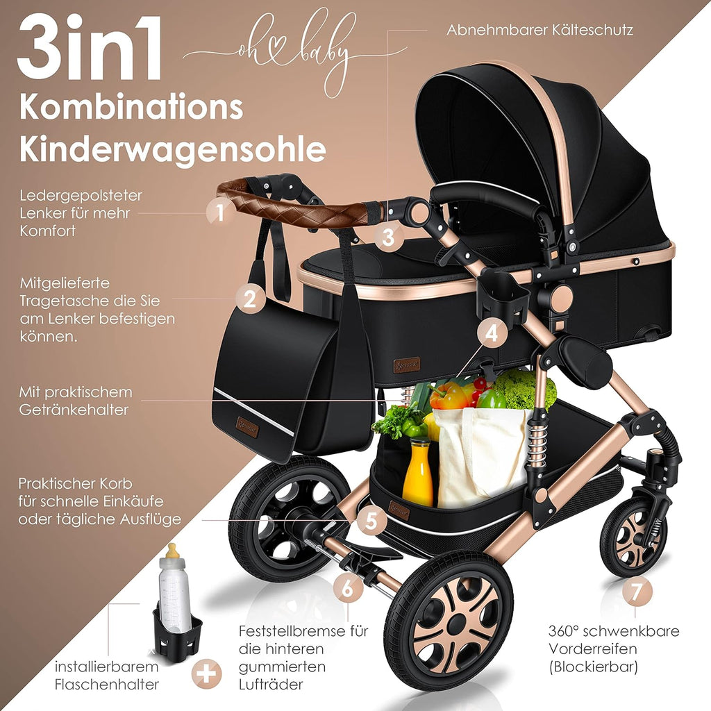 KESSER® Loops 3 in 1 Kinderwagen Kombikinderwagen Komplett-Set inkl. Babywanne & Buggy Sportsitz & Auto-Babyschale Voll-Gummireifen Wickeltasche Regenschutz Kindertisch ECE R129, Grau/Silber