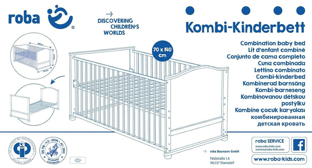 roba Babybett Set Adam & Eule - 70 x 140 cm - Mitwachsendes Kinderbett mit Bettwäsche, Himmel, Matratze - Höhenverstellbar - zu Juniorbett umbaubar - Holz weiß