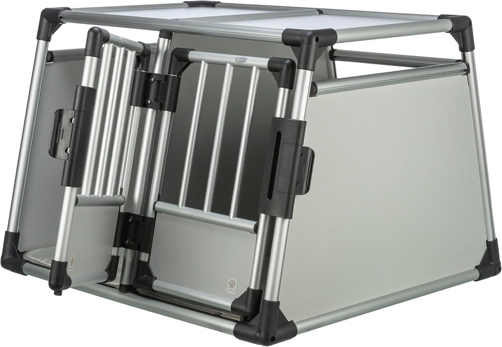 TRIXIE Hunde-Transportbox, Aluminium, L: 92 x 64 x 78 cm, grafit, rutschfste Liegematte, Klettleiste am Boden, Sicherheitsverschluss, stabil und geruscharm, hochgeschlossene Wnde - 39338