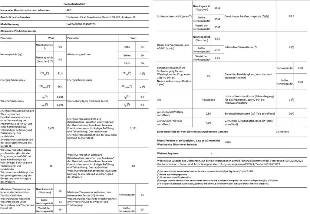 AEG L7WBA60680 Waschtrockner / DualSense - schonende Pflege / 8 kg Waschen / 5 kg Trocknen / D / energiesparend / Mengenautomatik / Nachlegefunktion / ProSteam - Auffrischfunktion / 1600 U/min Weiß