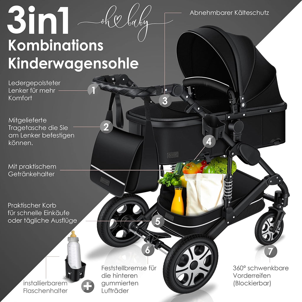 KESSER® Loops 3 in 1 Kinderwagen Kombikinderwagen Komplett-Set inkl. Babywanne & Buggy Sportsitz & Auto-Babyschale Voll-Gummireifen Wickeltasche Regenschutz Kindertisch ECE R129, Schwarz/Champagne