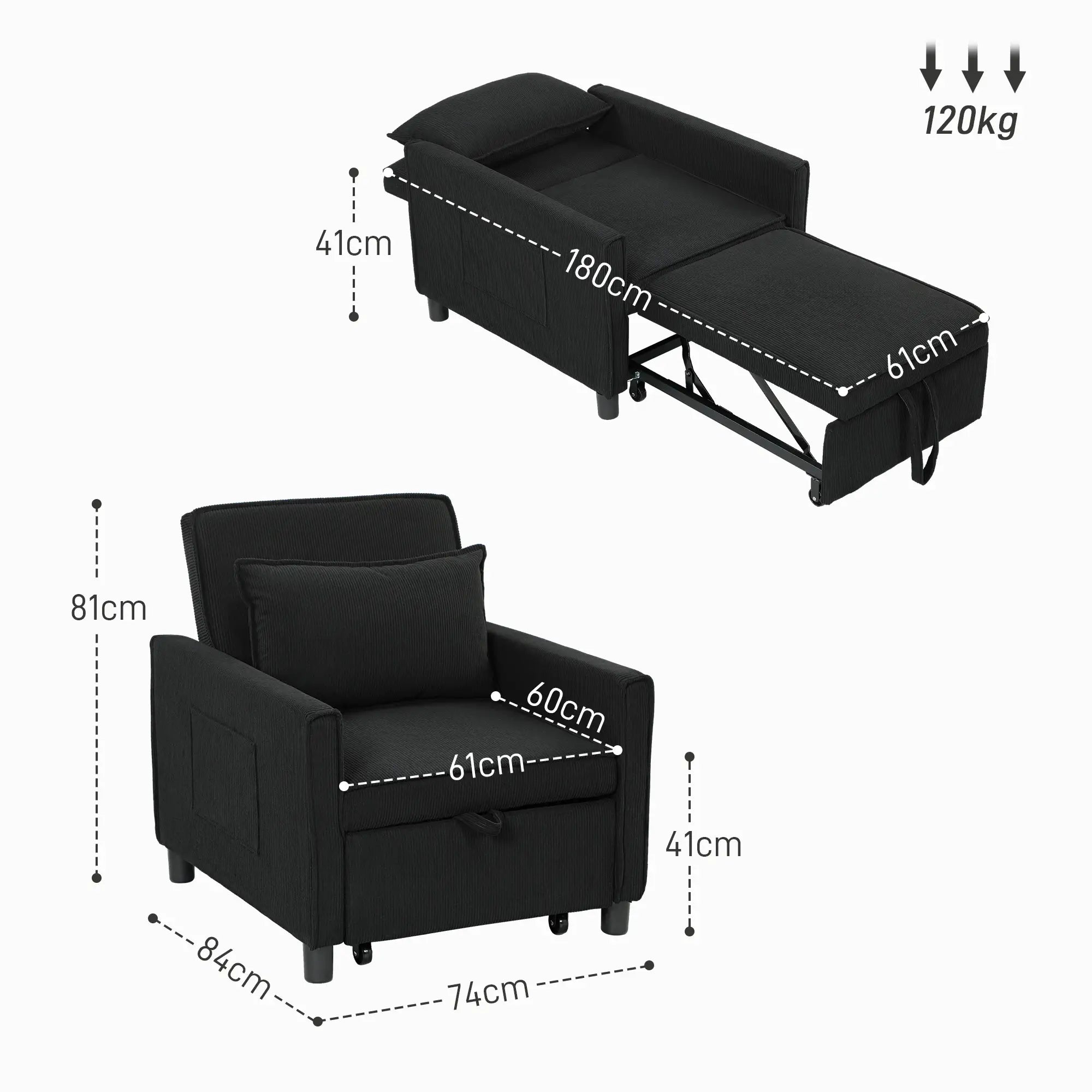 HOMCOM Schlafsessel Klappbett 3in1 verstellbar mit Rollen