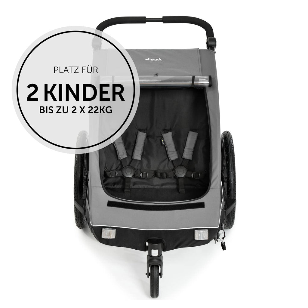 hauck Fahrradanhänger & Kinderwagen Dryk Duo Plus mit Federung, für 2 Kinder (6-48 Monate), inkl. Deichsel, Buggyrad, Fahne und LED Licht, Faltbar, Höhenverstellbar, XL Kofferaum (Dark Green)