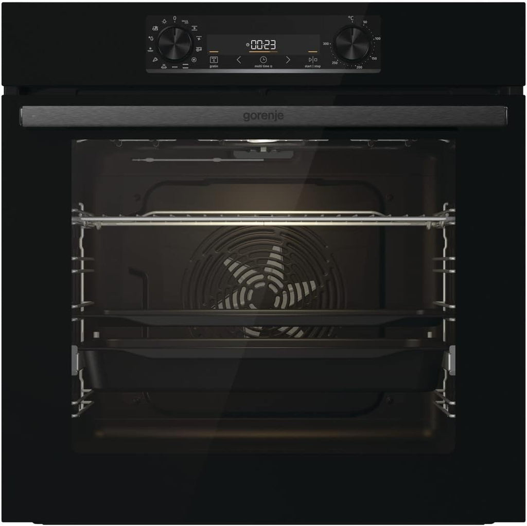 Gorenje 738971 Einbaubackofen-Set OptiBake Black Steam Pyro Set / 77L / Heißluft/Pyrolyse/ExtraSteam/GentleClose/AirFry/Pizzamode 300°C/PerfectGrill/Induktions-Kochfeld mit BridgeZone/schwarz