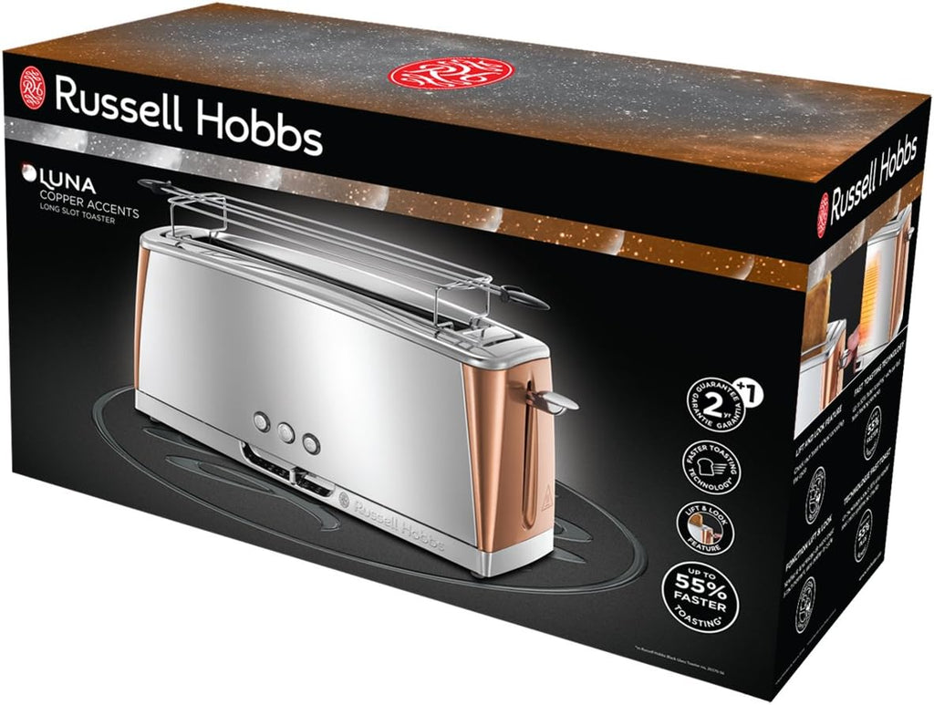Russell Hobbs Toaster [für 2 Scheiben] Luna Edelstahl Kupfer (extra breite Toastschlitze, inkl. Brtchenaufsatz, 6 Brunungsstufen + Auftau- & Aufwrmfunktion, 1550W) 24290-56