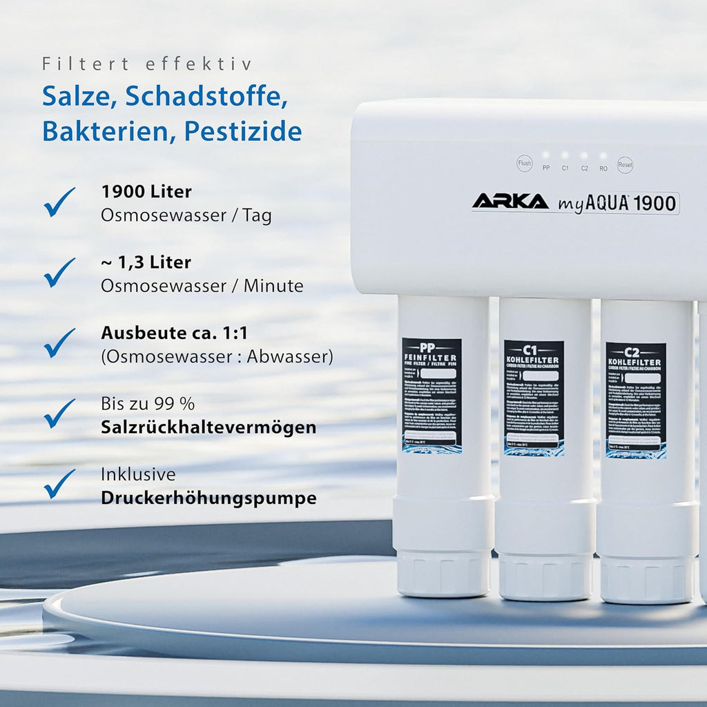ARKA myAQUA 1900 Umkehrosmoseanlage 1900 L/Tag - Wasserfilter & Enthärtungsanlage, entfernt bis zu 99% Salze, Schadstoffe & Bakterien - Für Aquarien & Haushalt