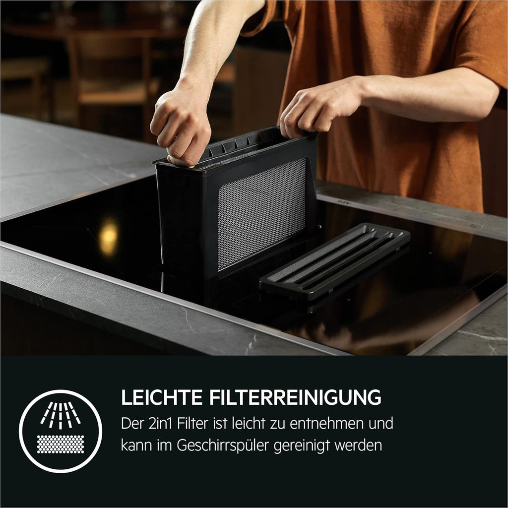 AEG Induktionskochfeld autark 80cm mit Dunstabzug / Made in Germany / 4 Flex-Kochzonen mit Bridge (Kombination 2er Zonen) / Auto-Funktion des Dunstabzugs / Aktivkohlefilter / COLI84COXB