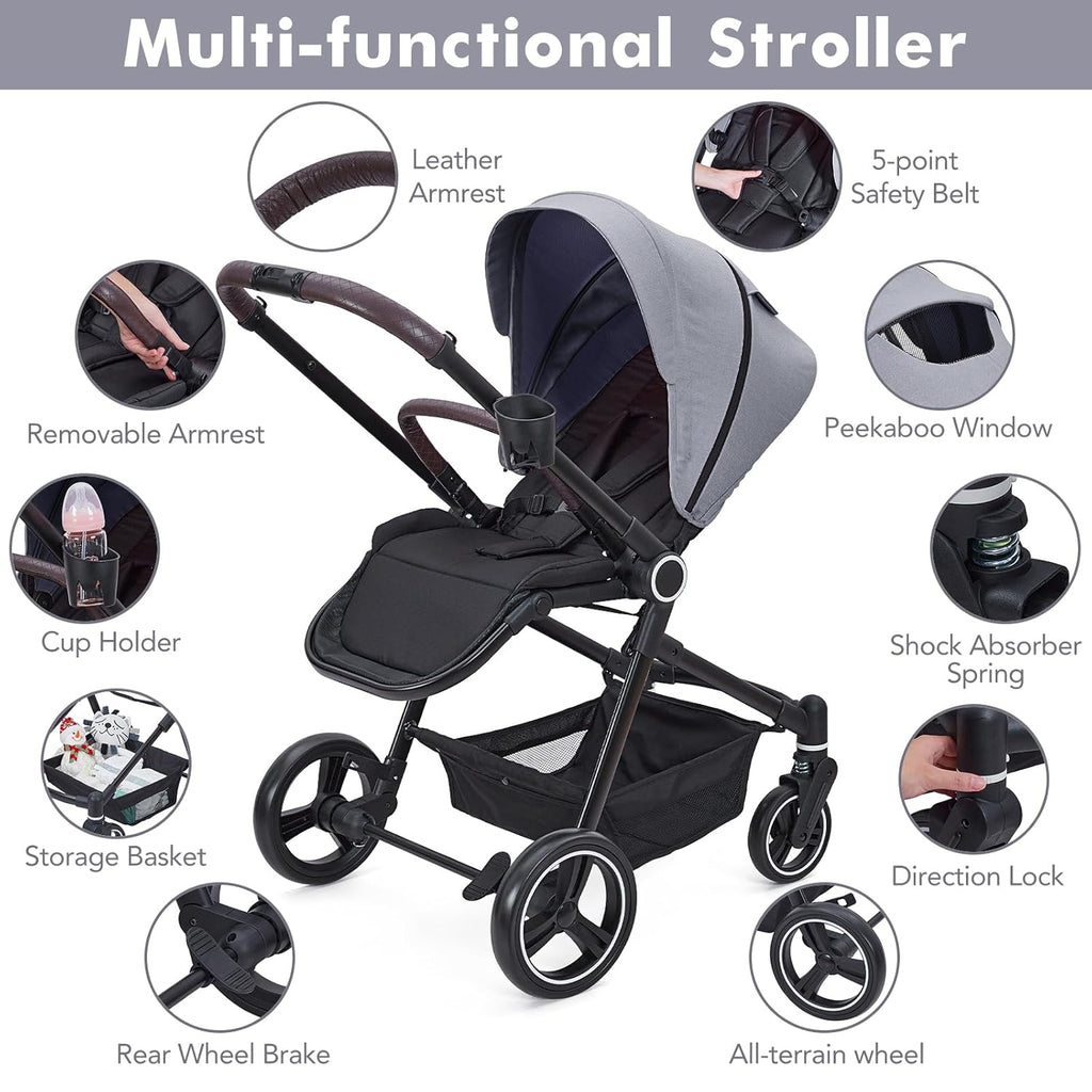 3 in 1 Kinderwagen Set mit umkehrbarem Sport-Sitz, Babywanne & Buggy – Ein-Klick-Zusammenklappbar, Leicht & Tragbar mit Großem Regenschutz