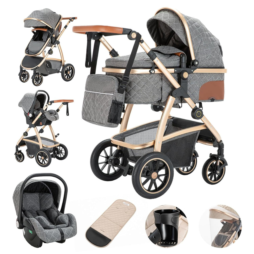 Gcarebb 3 in 1 Kinderwagen, Buggy Mit Auto Babyschale, Mit Höhenverstellbarer Kinderwagen Komplettset, KombiKinderwagen Mit Aluminiumrahmen für Neugeborene 0-4 Jahre