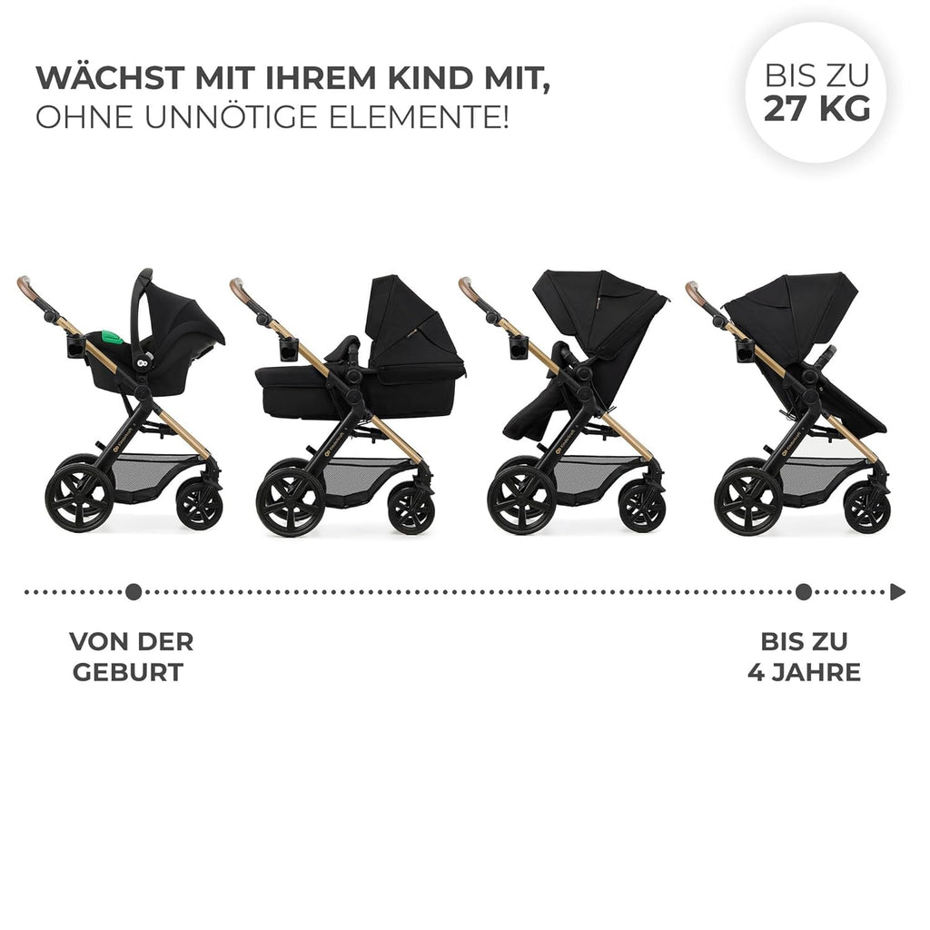 Kinderkraft MOOV2 AIR Kinderwagen 3 in 1 Kinderwagenset bis 26 kg mit Kindersitz I-SIZE 40-75 cm, Buggy Funktion, Liegeposition verstellbar, Große ausziehbare Verdeck, Aufblasbare Räder, Schwarz
