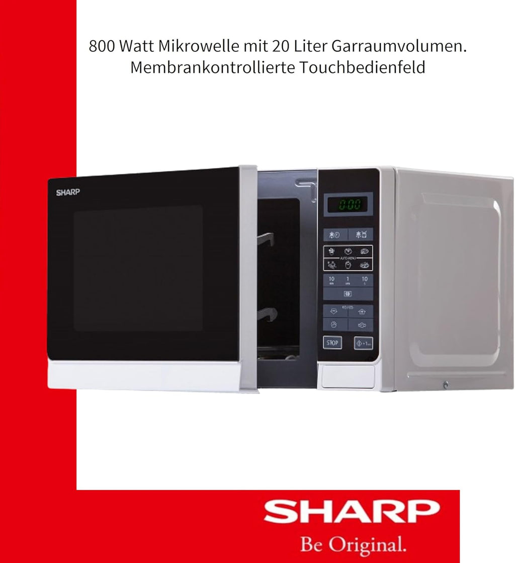 Sharp R242INW Solo-Mikrowelle / 20 L / 800 W / 5 Leistungsstufen / 8 Automatikprogramme / Gewicht- und zeitgesteuerte Auftauen / Kindersicherung / Energiesparmodus / Glasdrehteller (25,5 cm) / silber