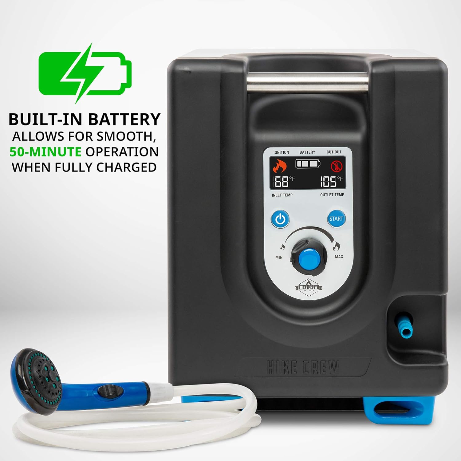 Tragbarer Propan-Warmwasserbereiter und Duschpumpe mit eingebauter Batterie | Kompaktes Outdoor-Reinigungs- und Duschsystem mit LCD, Sicherheitsabschaltung und Tragetasche, sofort heißes Wasser für Camping und Wandern