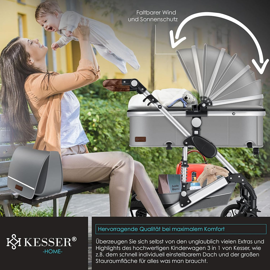 KESSER® Loops 3 in 1 Kinderwagen Kombikinderwagen Komplett-Set inkl. Babywanne & Buggy Sportsitz & Auto-Babyschale Voll-Gummireifen Wickeltasche Regenschutz Kindertisch ECE R129, Schwarz/Champagne