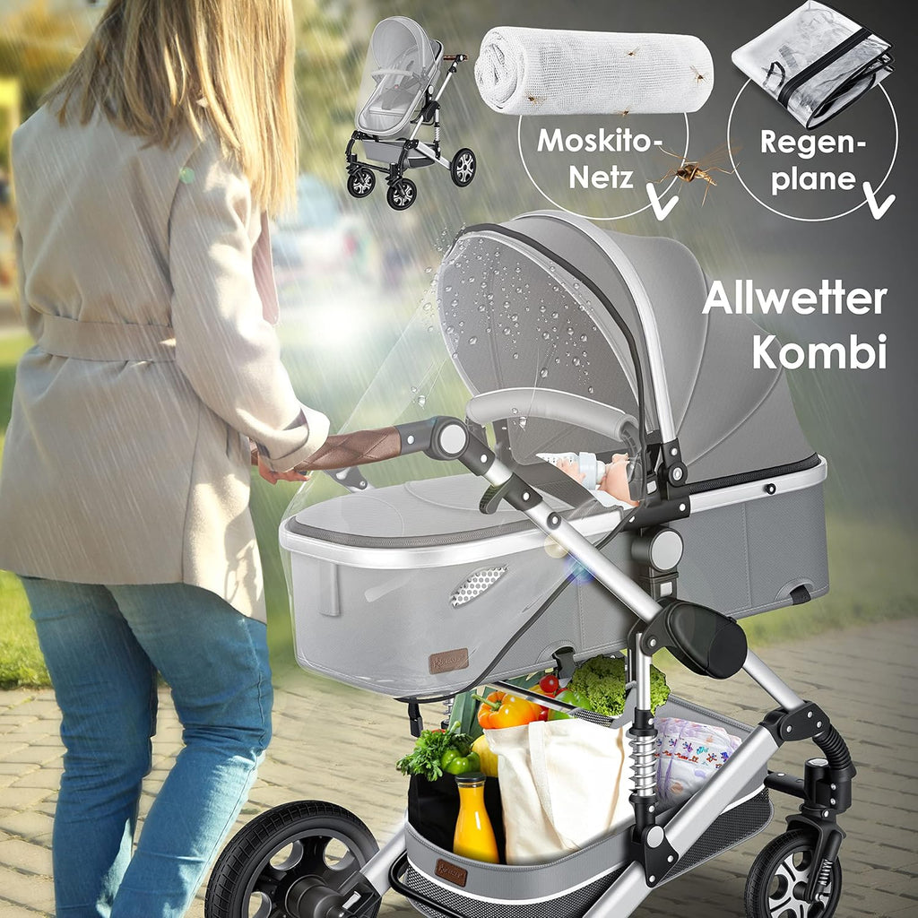 KESSER® Loops 3 in 1 Kinderwagen Kombikinderwagen Komplett-Set inkl. Babywanne & Buggy Sportsitz & Auto-Babyschale Voll-Gummireifen Wickeltasche Regenschutz Kindertisch ECE R129, Schwarz/Champagne