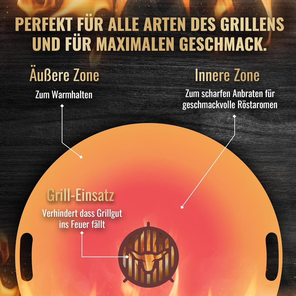 Feuerplatte für Kugelgrill Handgriffe 90 cm, 5 mm Stärke #921 – INKL. Grilleinsatz, Grillplatte für Feuertonne & Feuerschale, Massive Stahlplatte Plancha Grillring für BBQ & Teppanyaki
