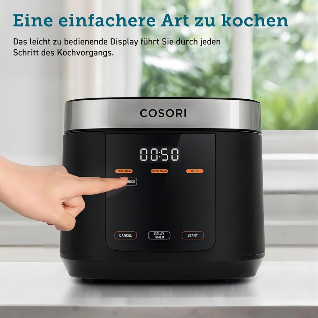 COSORI Reiskocher, Multikocher mit 17 Programme, Rice Cooker 1,8 L, Fuzzy-Logik, Dampfgarer mit Edestahleinsatz, Rezeptbuch, Slow Cooker, Premium Innentopf, Warmhaltefunktion, Timer, Schwarz