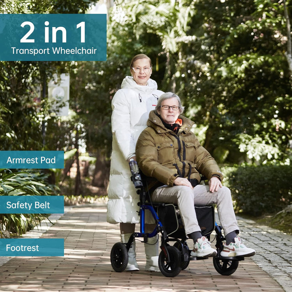 Geländegängiger 2-in-1-Rollator und Transportstuhl, zusammenklappbarer Rollstuhl mit luftlosen 10-Zoll-Rädern für Senioren, umkehrbare Rückenlehne und abnehmbare Fußstützen, blau