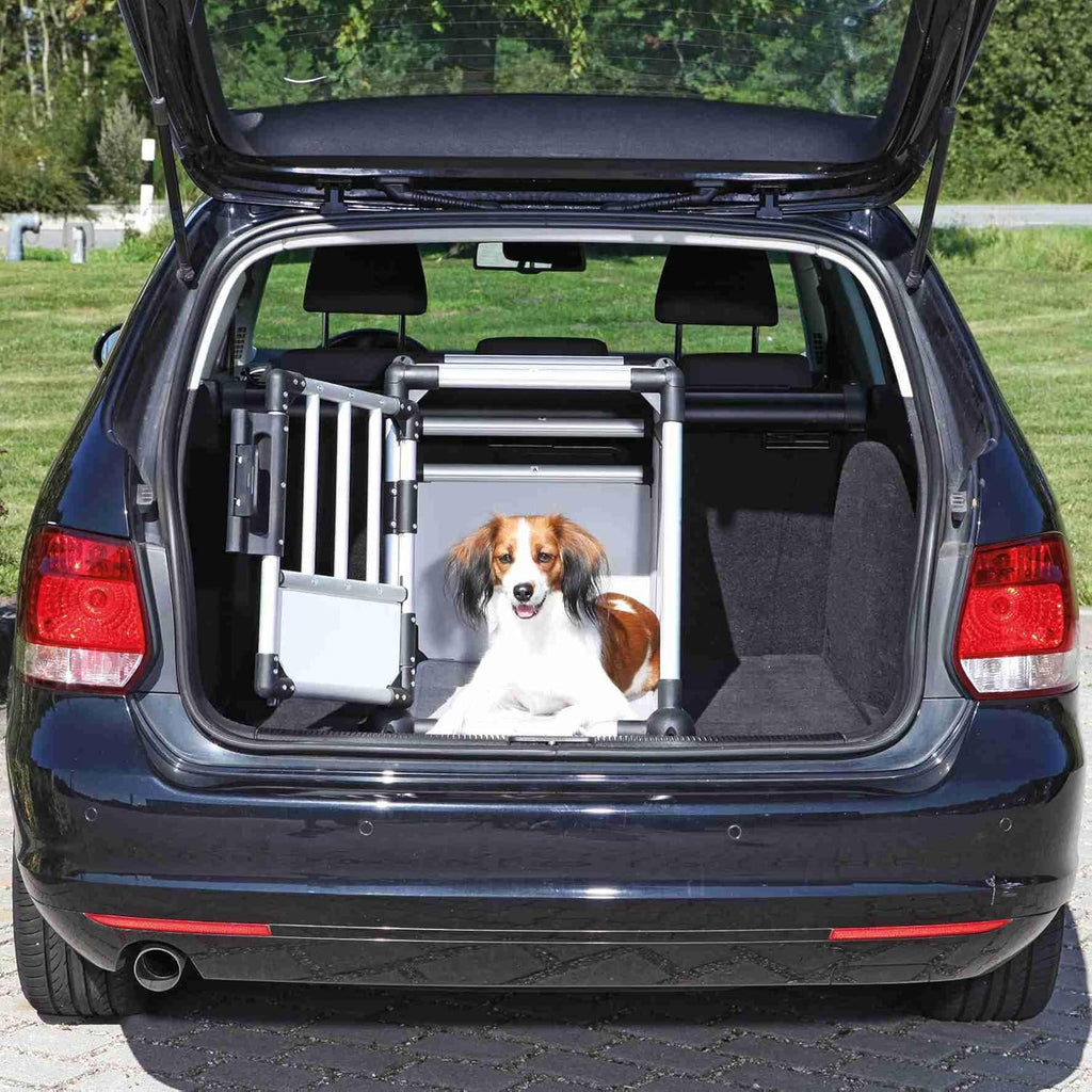 TRIXIE Hunde-Transportbox, Aluminium, L: 92 x 64 x 78 cm, grafit, rutschfste Liegematte, Klettleiste am Boden, Sicherheitsverschluss, stabil und geruscharm, hochgeschlossene Wnde - 39338