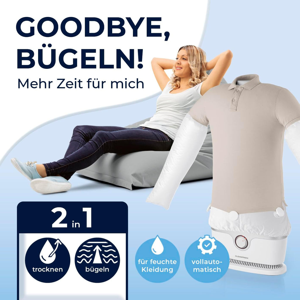 CLEANmaxx Automatischer Hemden-Bügler zum Trocknen und Gltten von Hemden & Blusen inklusive Aufsatz für Hosen | Die innovative und schonende Art, Ihre Wsche zu gltten