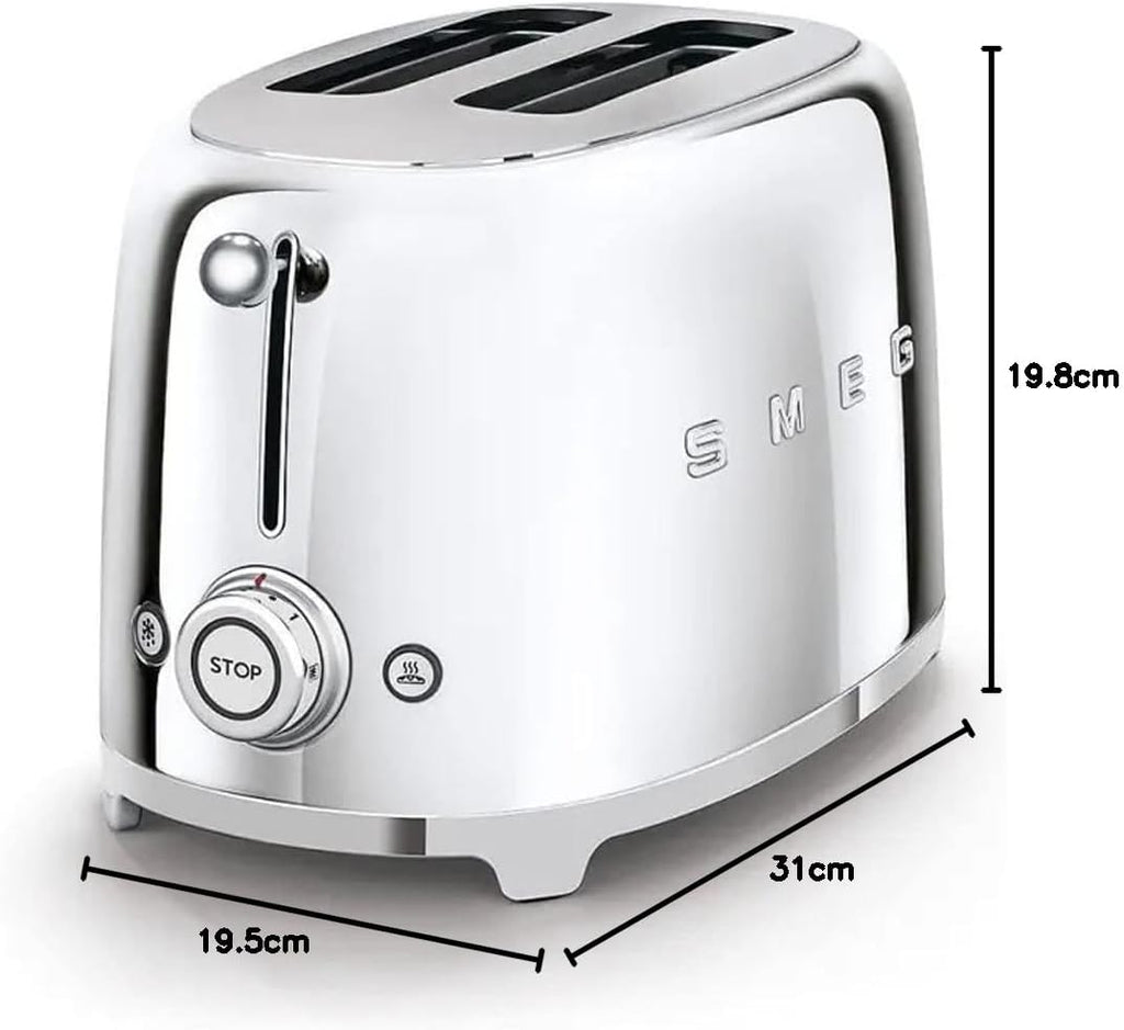 Smeg, 2x2 TSF01SSEU -Toaster, 2 Schlitze für 2 Scheiben, 6 Vergoldungsniveaus, Heizfunktion, Abtau- und Bagel- Funktion, Sammelschublade, 950W, Chrom