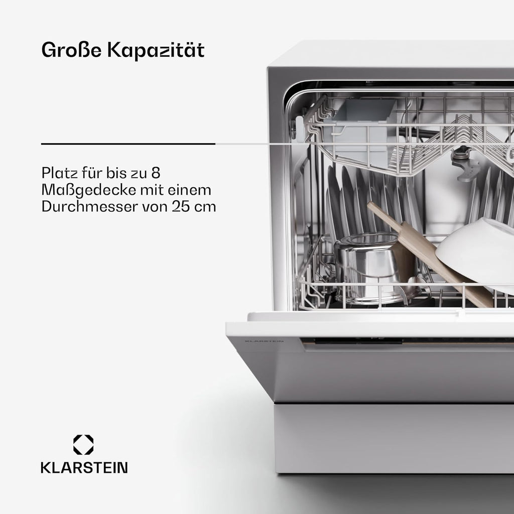 Klarstein  ia 8 - Spülmaschine, Geschirrspüler, Freistehend, Teilintegriert, F, 55 cm breit, 8 Maßgedecke, 6 Programme, Aquastop, silber