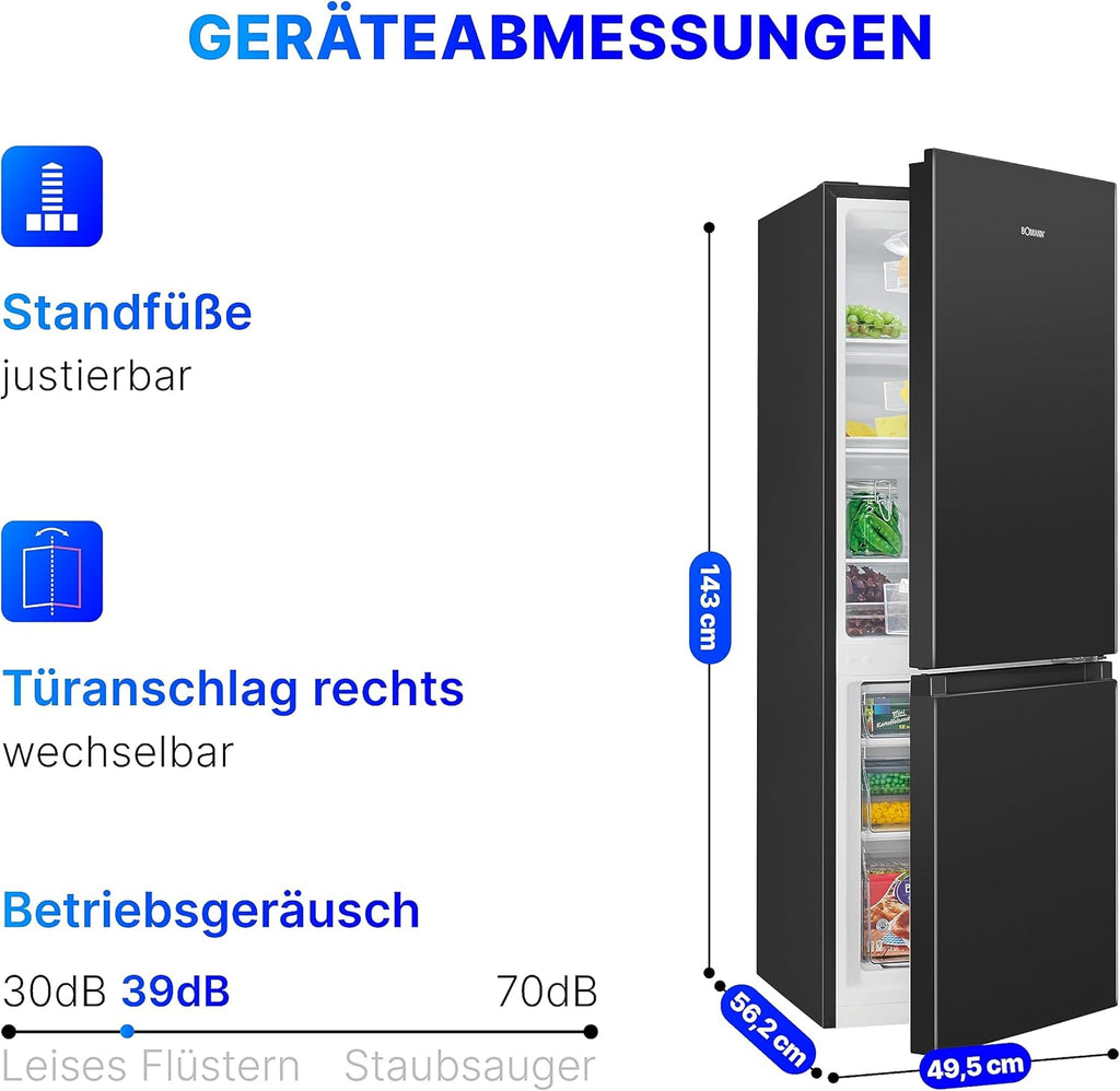 Bomann Fridge-Freezer KG 320.2, 143 cm High, Fridge-Freezer with 175 Litre Capacity, 3 Shelves and 3 Drawers, Door Stop Replaceable, Quiet Fridge-Freezer 39 dB, Black