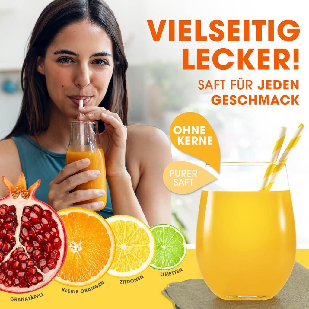 Lumaland Edelstahl Saftpresse | Hochwertige, sehr leise, manuell bedienbare Zitruspresse | Stilvolle Handpresse, wartungsfrei & leistungsstark für viel mehr Saft | Einfach frische Sfte pressen