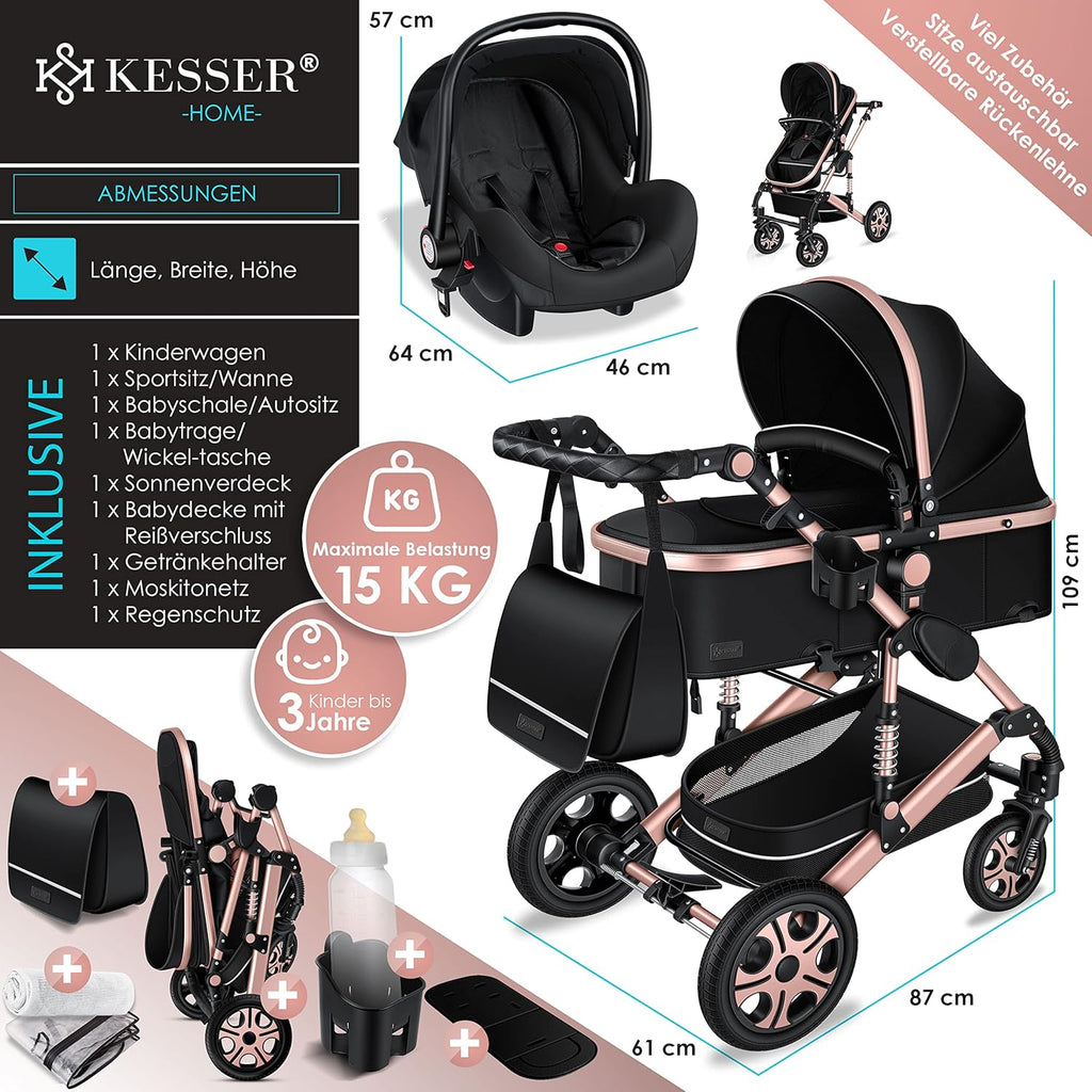 KESSER® Loops 3 in 1 Kinderwagen Kombikinderwagen Komplett-Set inkl. Babywanne & Buggy Sportsitz & Auto-Babyschale Voll-Gummireifen Wickeltasche Regenschutz Kindertisch ECE R129, Grau/Silber