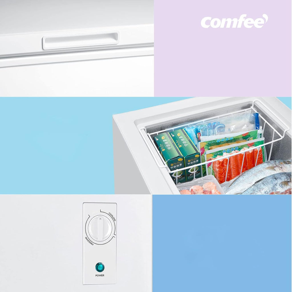 Comfee RCC100WH2(E) Gefriertruhe/169 kWh/Jahr/85cm hoch/99L/38dB/Geringe Lautstärke/Hoch effizientesD-förmigesRohr/Geeignet für verschiedene Einsatzszenarien/Einstellbarer Temperaturregler/Weiß