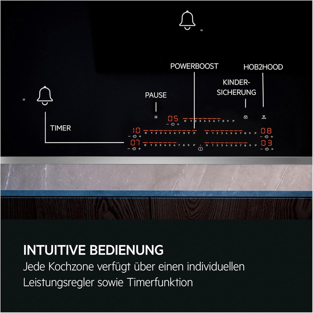AEG Induktionskochfeld autark 80cm mit Dunstabzug / Made in Germany / 4 Flex-Kochzonen mit Bridge (Kombination 2er Zonen) / Auto-Funktion des Dunstabzugs / Aktivkohlefilter / COLI84COXB